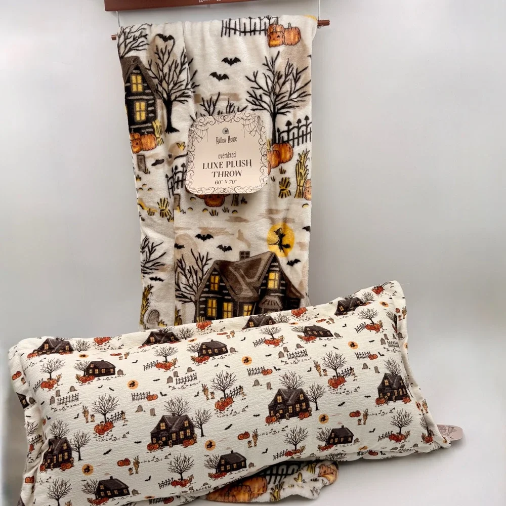 Hallow House Halloween Luxe Plush Throw Blanket and Decorative Pillow Set Cream